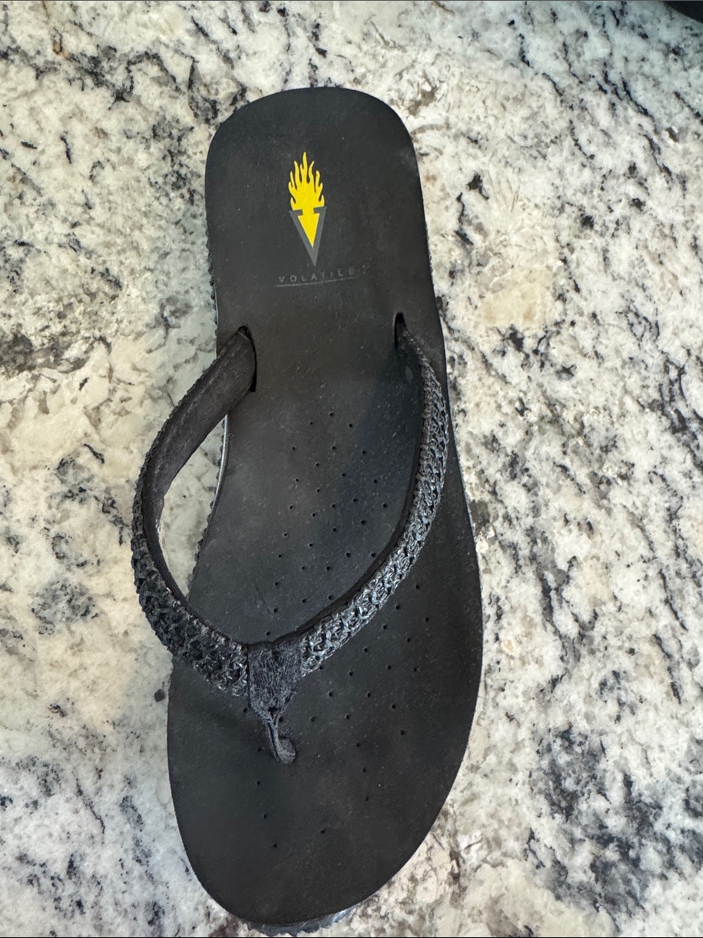 Volatile Black Braided Thong Sandal with Yellow Logo
